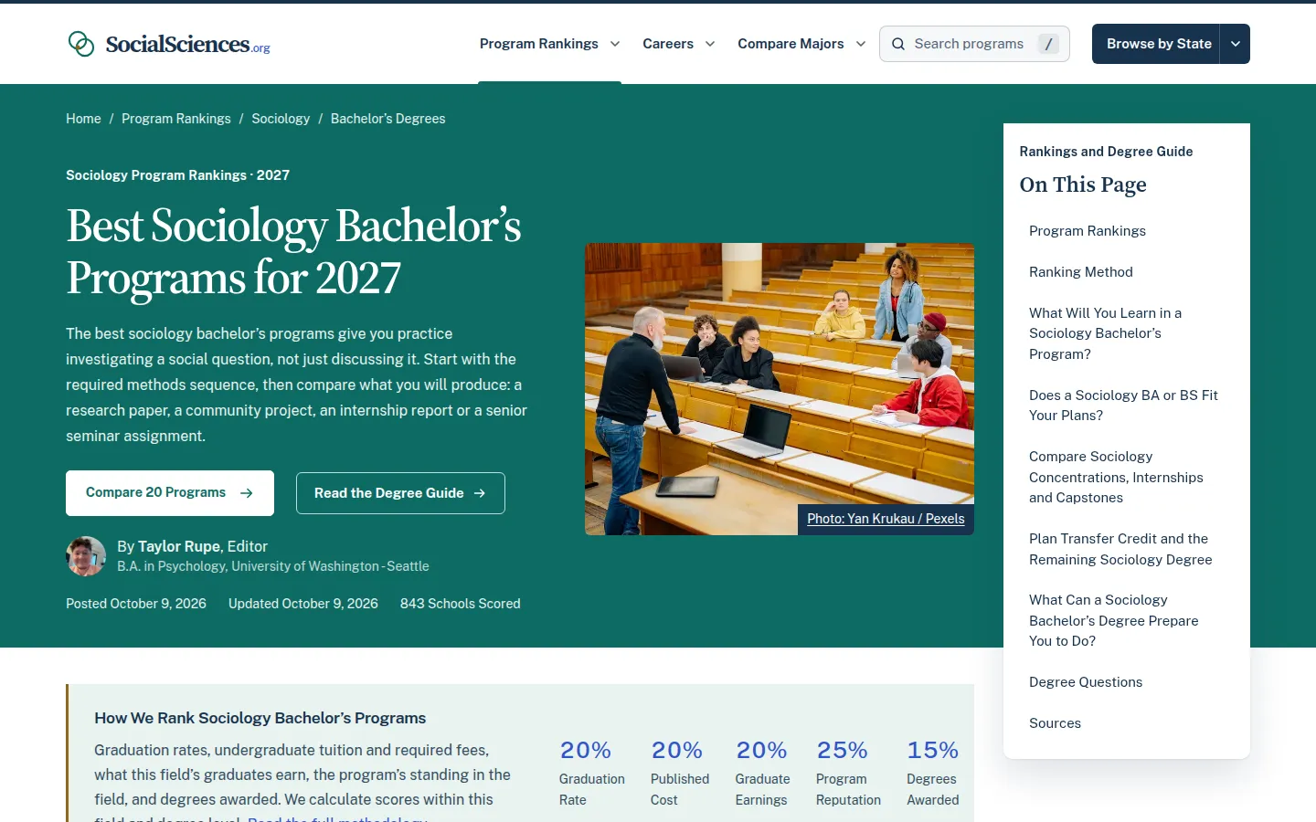 Best Sociology Bachelor's Programs for 2027 page with a lecture hall photo, a compare button, an editor byline, and a 843 schools scored count