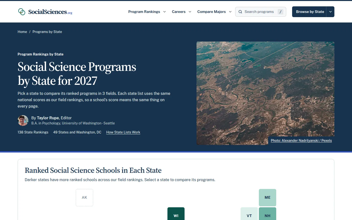Social Science Programs by State for 2027 page with a state map and the counts 138 state rankings and 49 states and Washington, DC