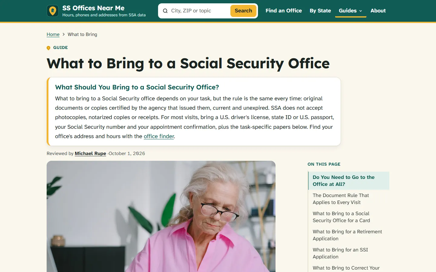 What to Bring to a Social Security Office guide with an answer box on original documents, a Michael Rupe review date of October 1, 2026, and a section list starting with Do You Need to Go to the Office at All
