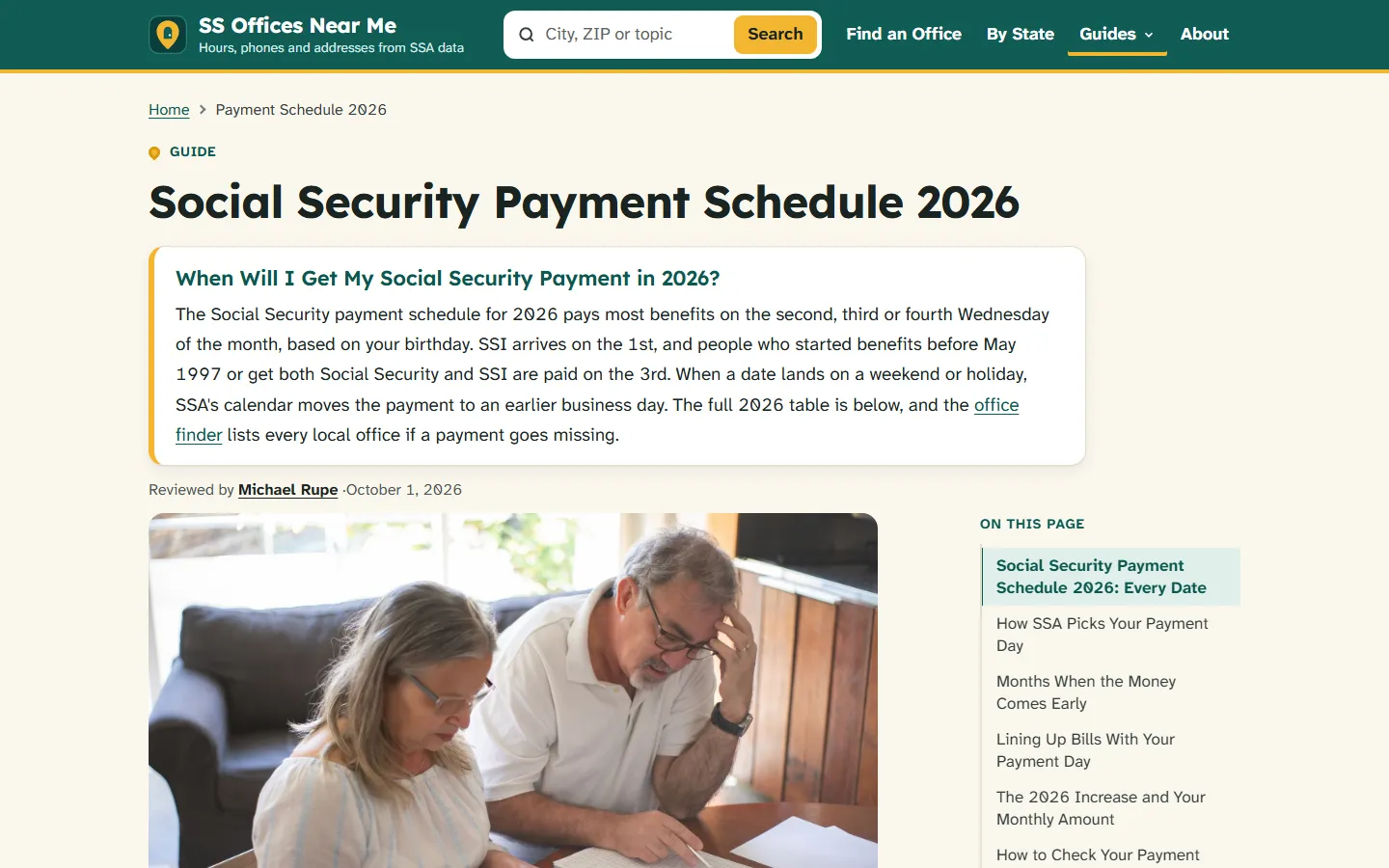 Social Security Payment Schedule 2026 guide with an answer box explaining Wednesday payment dates by birthday and SSI on the 1st, above a photo and a section list beginning with Every Date
