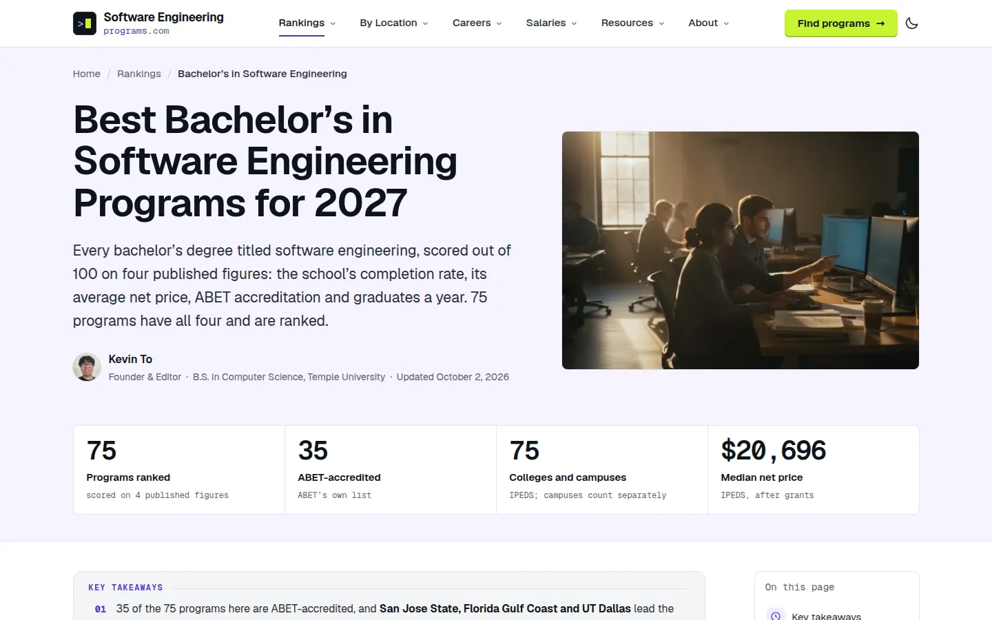 Best Bachelor’s in Software Engineering Programs for 2027 page with a classroom photograph and counts for ranked programs, ABET accreditation, and median net price
