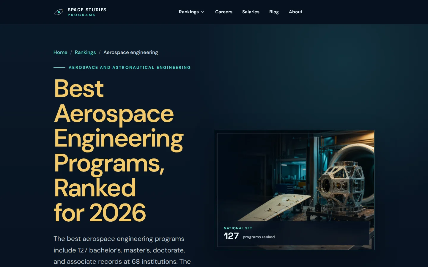 Aerospace engineering ranking showing its record and institution counts followed by complete program cards and official-source research