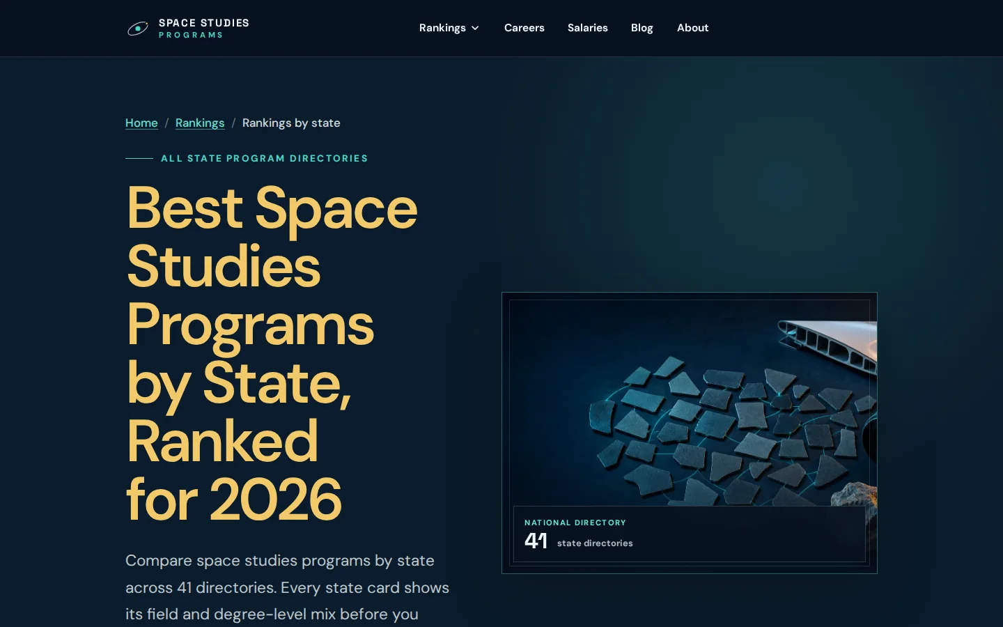 Space studies state ranking index with field-level routes and state cards showing program and degree-level counts