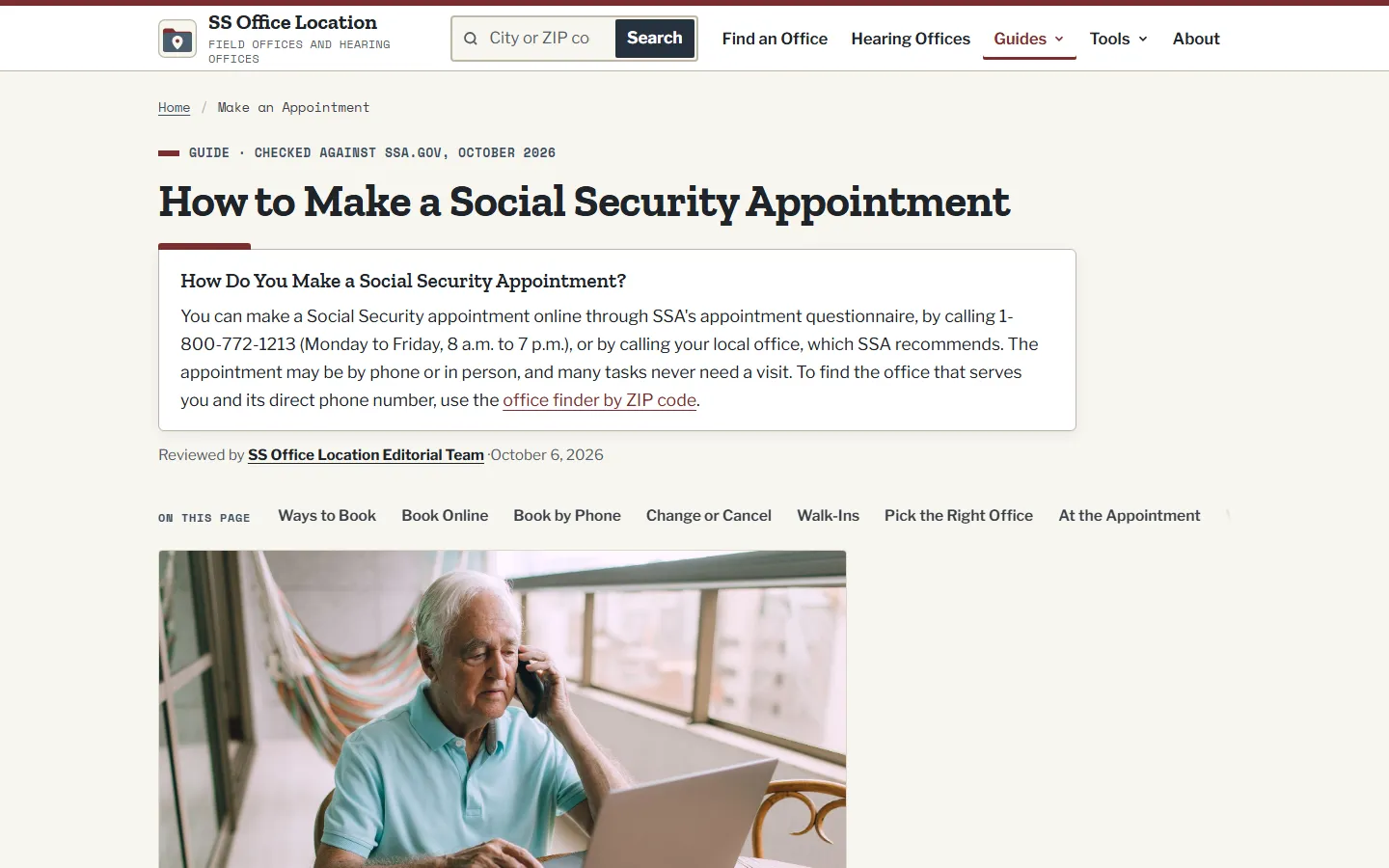 How to Make a Social Security Appointment guide with an answer box listing SSA's online questionnaire, 1-800-772-1213 on weekdays from 8 a.m. to 7 p.m., or the local office, and an on-this-page menu from Ways to Book to At the Appointment