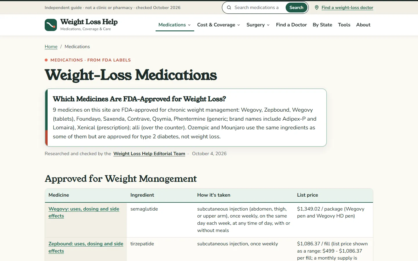 Weight-Loss Medications hub with the question Which Medicines Are FDA-Approved for Weight Loss?, a list of nine approved drugs, and a table showing Wegovy at $1,349.02 and Zepbound at $1,086.37 list price