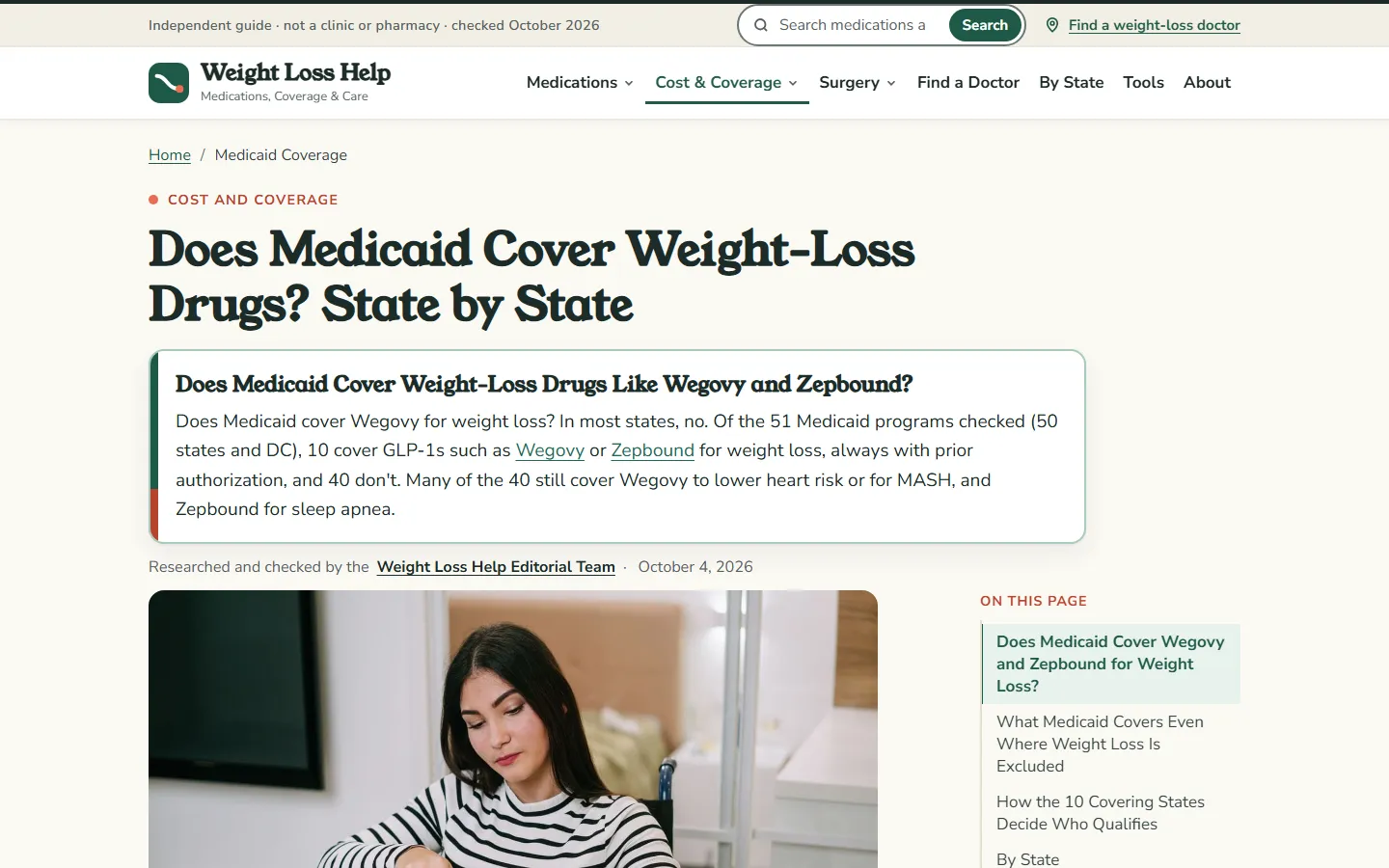 Does Medicaid Cover Weight-Loss Drugs? State by State page, stating that 10 of the 51 Medicaid programs checked cover GLP-1s for weight loss with prior authorization, with an on-this-page section list